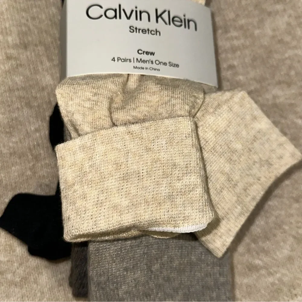 CK Men’s 4 pk Taupe Heather Brown Tan Black Ivory Cotton Blend Dress Crew Socks